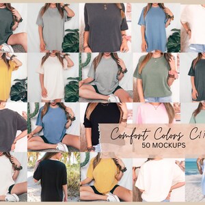 May include: 50 mockups of a variety of colors of oversized t-shirts. The t-shirts are shown on models in different poses. The text "Comfort Colors C1717 50 MOCKUPS" is displayed on the image.
