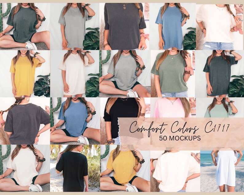 May include: 50 mockups of a variety of colors of oversized t-shirts. The t-shirts are shown on models in different poses. The text "Comfort Colors C1717 50 MOCKUPS" is displayed on the image.