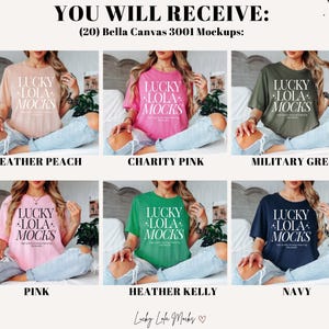 May include: Twenty Bella Canvas 3001 t-shirt mockups in various colors, including heather peach, charity pink, military green, pink, heather kelly, and navy. Each shirt features the text "Lucky Lola Mocks" in white.