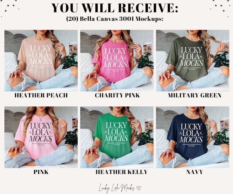 May include: Twenty Bella Canvas 3001 t-shirt mockups in various colors, including heather peach, charity pink, military green, pink, heather kelly, and navy. Each shirt features the text "Lucky Lola Mocks" in white.