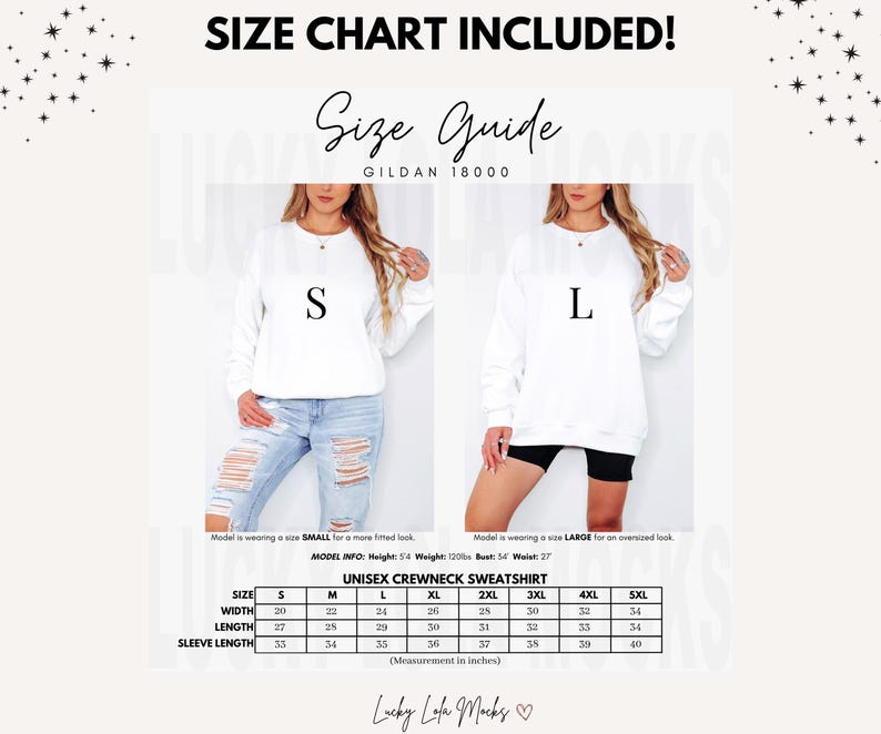 Op de afbeelding: Maattabel voor een unisex crewneck sweatshirt, met afmetingen in inches voor maten S tot en met 5XL. De tabel bevat breedte, lengte en mouwlengte. De tabel is gelabeld met "Unisex Crewneck Sweatshirt" en "Gildan 18000".