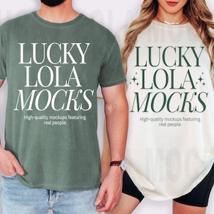 May include: Two t-shirts with the text "LUCKY LOLA MOCKS" in white on a green and white background. The text "High-quality mockups featuring real people." is below the main text on both shirts.
