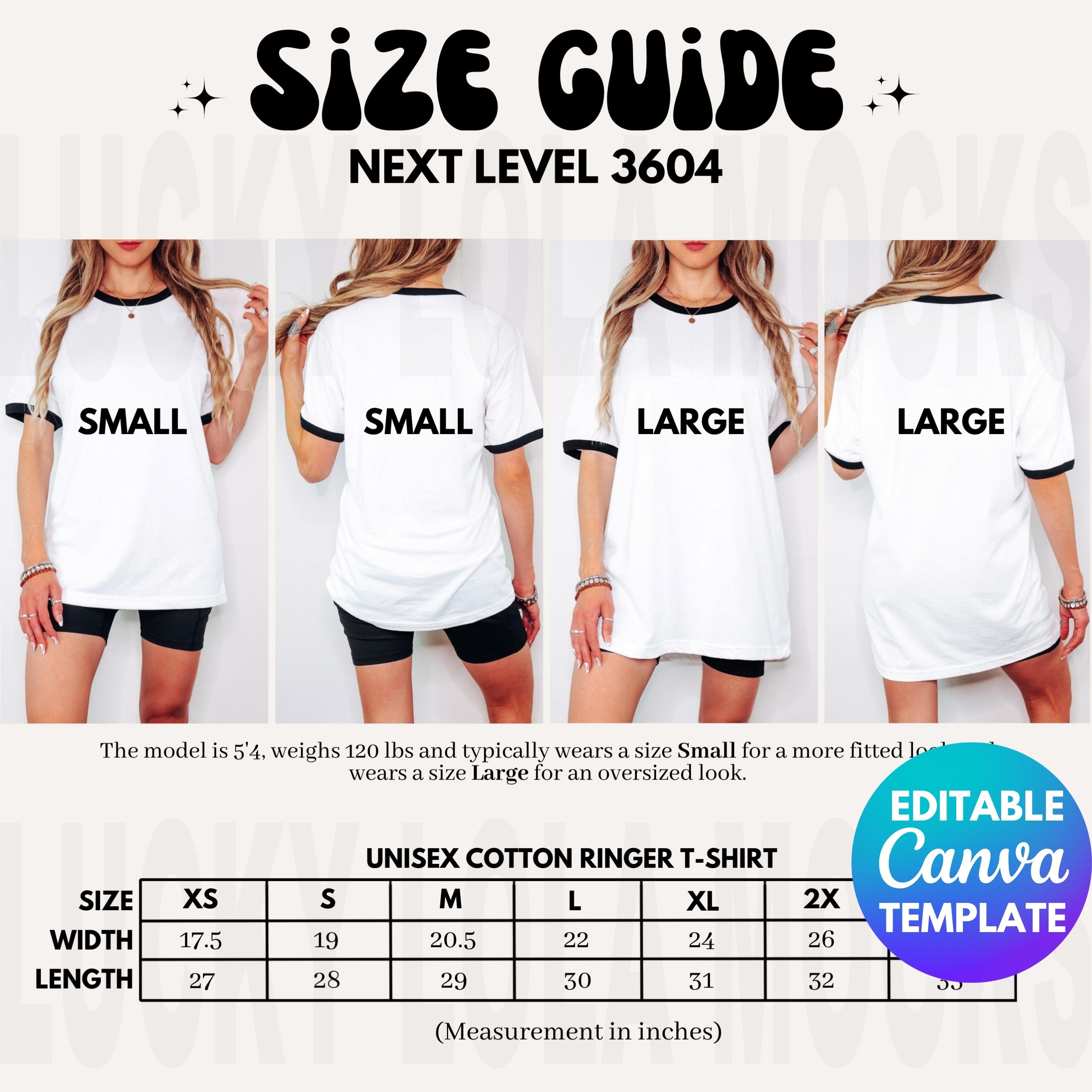 Editable Next Level 3604 Ringer Tee Size Chart, Next Level 3604 Mockup White and Black, Next Level Ringer Tee Size Chart