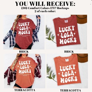 Pu&ograve; includere: L'immagine mostra mockup di t-shirt Comfort Colors 1717 nei colori mattone e terracotta. Ogni mockup presenta il testo "LUCKY LOLA MOCKS" in bianco, con un font in stile retr&ograve;. I mockup sono presentati in vari stili, piegati e indossati.