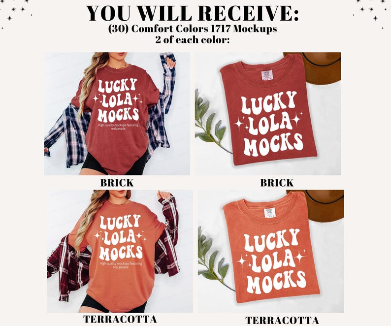 Pu&ograve; includere: L'immagine mostra mockup di t-shirt Comfort Colors 1717 nei colori mattone e terracotta. Ogni mockup presenta il testo "LUCKY LOLA MOCKS" in bianco, con un font in stile retr&ograve;. I mockup sono presentati in vari stili, piegati e indossati.