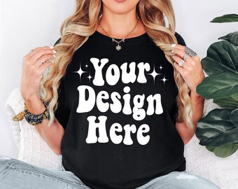 Comfort Colors 1717 Black Mockup, Black Shirt Mockup, 1717 Black Mockup, Boho Model Mockup, Oversized Shirt Mockup, Black T-Shirt Mockup
