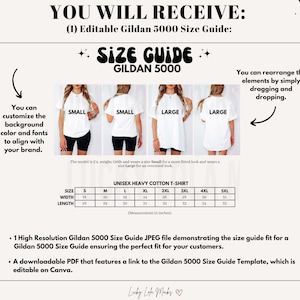 Puede incluir: Una gu&iacute;a de tallas para camisetas Gildan 5000, que muestra las diferentes tallas y medidas en pulgadas. La gu&iacute;a incluye una foto de una modelo usando una camiseta de diferentes tallas. Puedes personalizar el color de fondo y las fuentes para alinearlas con tu marca. La gu&iacute;a es editable e incluye un PDF descargable.