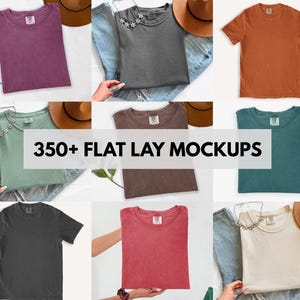 May include: A collection of nine short-sleeved t-shirts in various solid colors including plum, charcoal, orange, sage green, brown, teal, black, red, and cream, featuring the text 350+ FLAT LAY MOCKUPS overlaid across the center of the image.