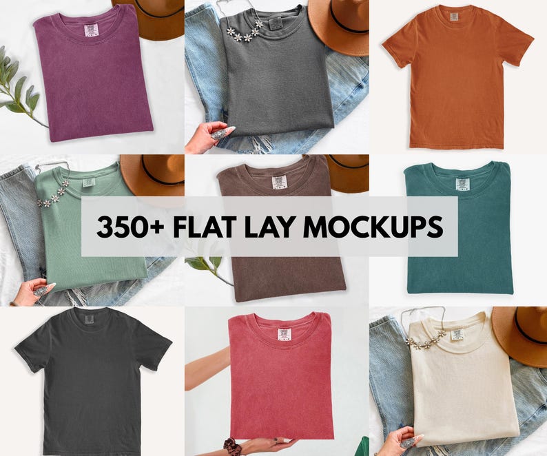 May include: A collection of nine short-sleeved t-shirts in various solid colors including plum, charcoal, orange, sage green, brown, teal, black, red, and cream, featuring the text 350+ FLAT LAY MOCKUPS overlaid across the center of the image.