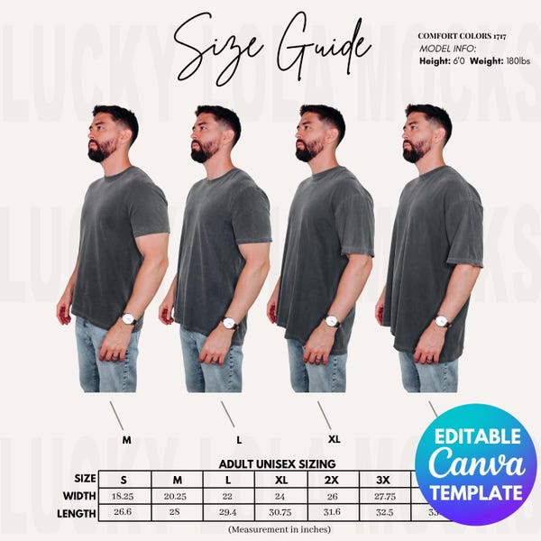 Editable Comfort Colors 1717 Size Chart for Men, C1717 Mens Mockup, Comfort Colors Size Chart Male, 1717 Size Guide, Male Shirt Mockup