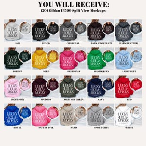 May include: Twenty Gildan 18500 split view hoodie mockups in various colors, including ash, black, charcoal, dark chocolate, dark heather, forest, gold, heliconia, Irish green, light blue, light pink, maroon, military green, navy, red, royal, safety pink, sand, sport grey, and white. Each mockup features the text "Lucky Lola Mocks" on the front and back of the hoodie.