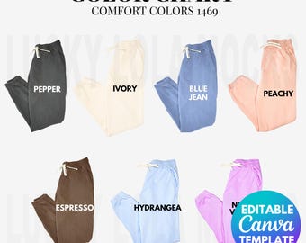May include: Color chart showing ten different colors of sweatpants. The colors are: Pepper, Ivory, Blue Jean, Peachy, Espresso, Hydrangea, Lavender, Dusty Rose, Sage, and Charcoal. The chart is labeled "Comfort Colors 1469".
