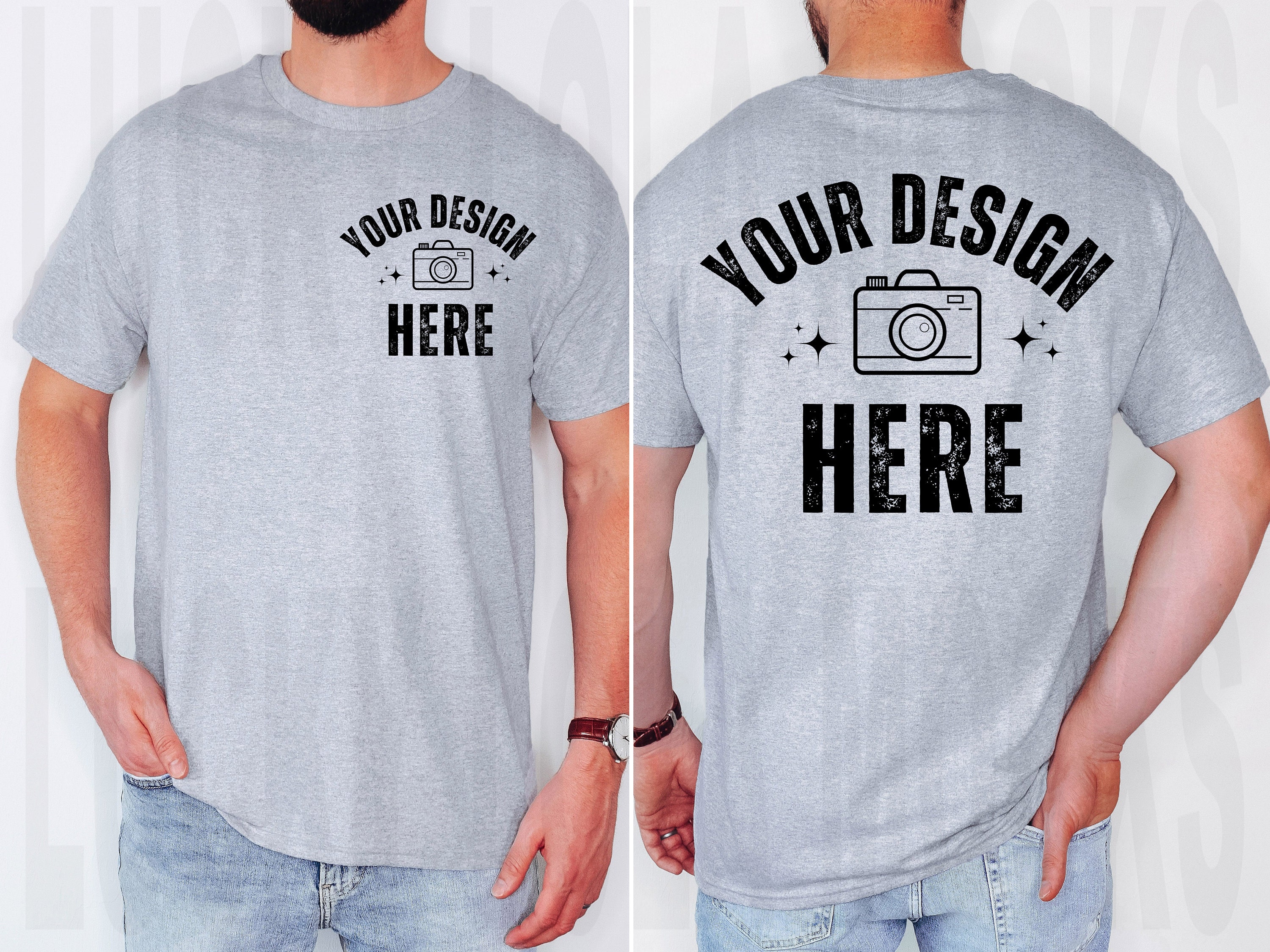 Front and Back Gildan 5000 Mockup, Gildan 5000 Mockup Men, Gildan 5000 Sport Grey Mockup, Gildan 5000 Mock Up, Sport Grey Shirt Mock Up