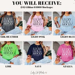 May include: A mockup of 14 Gildan 64000 t-shirts in various colors, including dark heather, light pink, light blue, lime, navy, and azalea. Each shirt features the text "LUCKY LOLA MOCKS" in black and white.