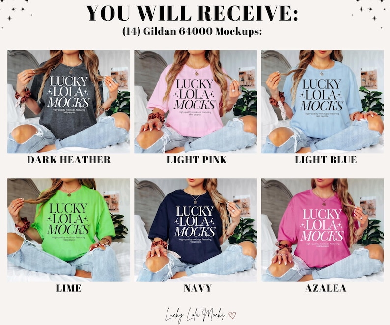 May include: A mockup of 14 Gildan 64000 t-shirts in various colors, including dark heather, light pink, light blue, lime, navy, and azalea. Each shirt features the text "LUCKY LOLA MOCKS" in black and white.