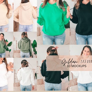 May include: Ten different color mockups of a Gildan 18500 hoodie. The hoodies are shown on models wearing jeans and are posed in various ways.