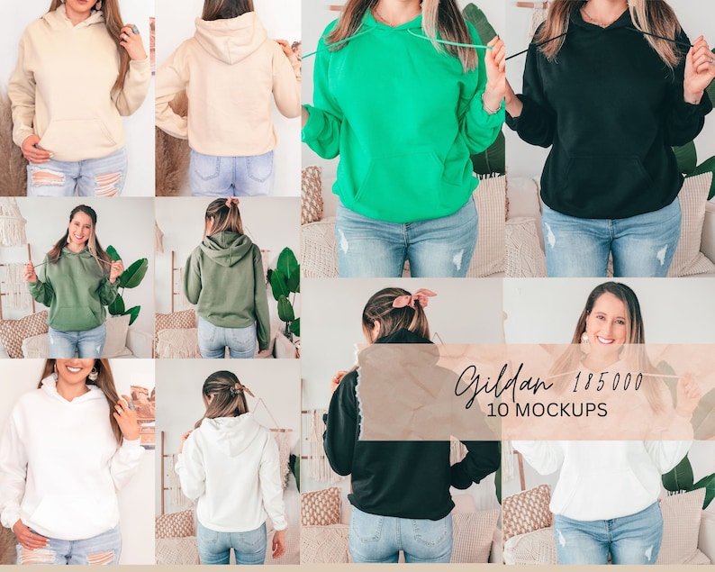 May include: Ten different color mockups of a Gildan 18500 hoodie. The hoodies are shown on models wearing jeans and are posed in various ways.