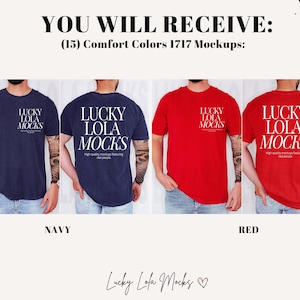 May include: A mockup of a t-shirt in navy blue, red, and white. The t-shirt has the text "Lucky Lola Mocks" printed on it. The text is in white and is centered on the shirt. The t-shirt is a comfort colors 1717 mockup.