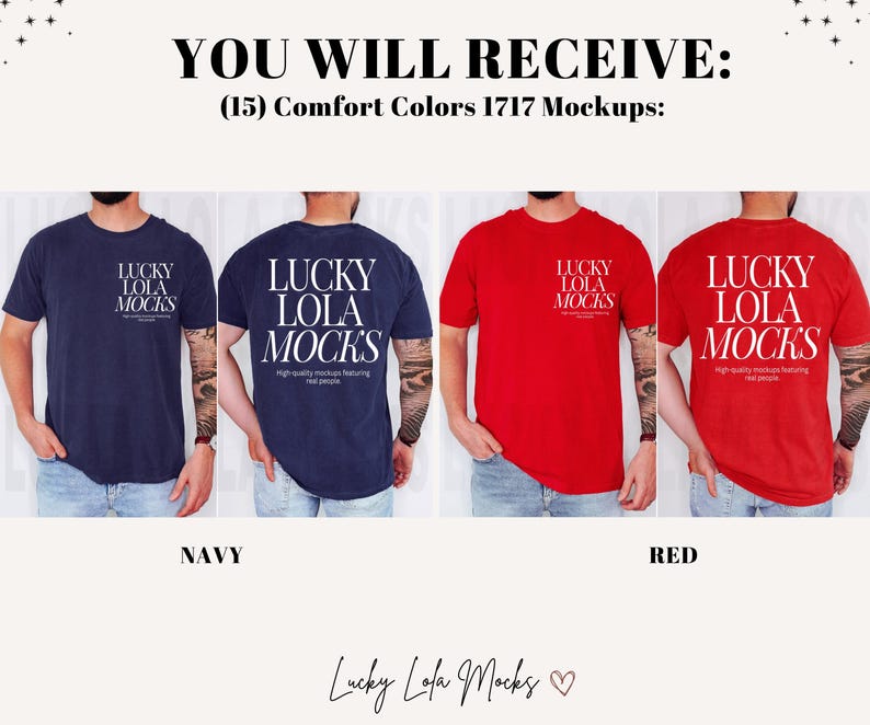 May include: A mockup of a t-shirt in navy blue, red, and white. The t-shirt has the text "Lucky Lola Mocks" printed on it. The text is in white and is centered on the shirt. The t-shirt is a comfort colors 1717 mockup.