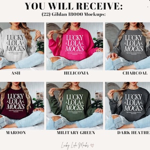 Op de afbeelding: Mockups van een Gildan 18000 sweatshirt in 10 verschillende kleuren: as, heliconia, antraciet, bordeauxrood, legergroen, donker grijs melange, zwart, marine, wit en roze. Het sweatshirt heeft de tekst "Lucky Lola Mocks" op de voorkant gedrukt.