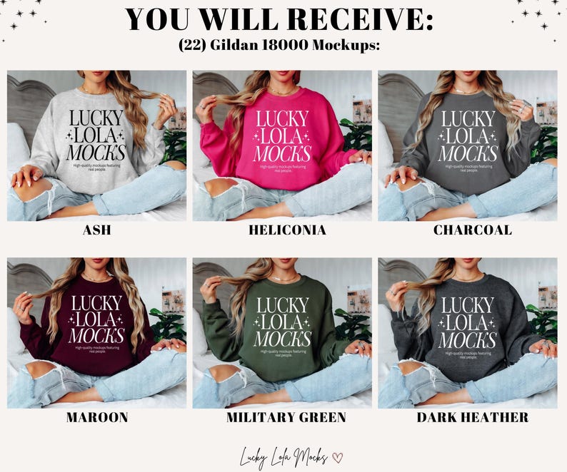Op de afbeelding: Mockups van een Gildan 18000 sweatshirt in 10 verschillende kleuren: as, heliconia, antraciet, bordeauxrood, legergroen, donker grijs melange, zwart, marine, wit en roze. Het sweatshirt heeft de tekst "Lucky Lola Mocks" op de voorkant gedrukt.