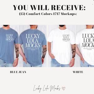 May include: Four t-shirts in different colors, blue jean, white, and two more colors, with the text "Lucky Lola Mocks" printed on the front. The text is in black and the shirts are all short-sleeved.