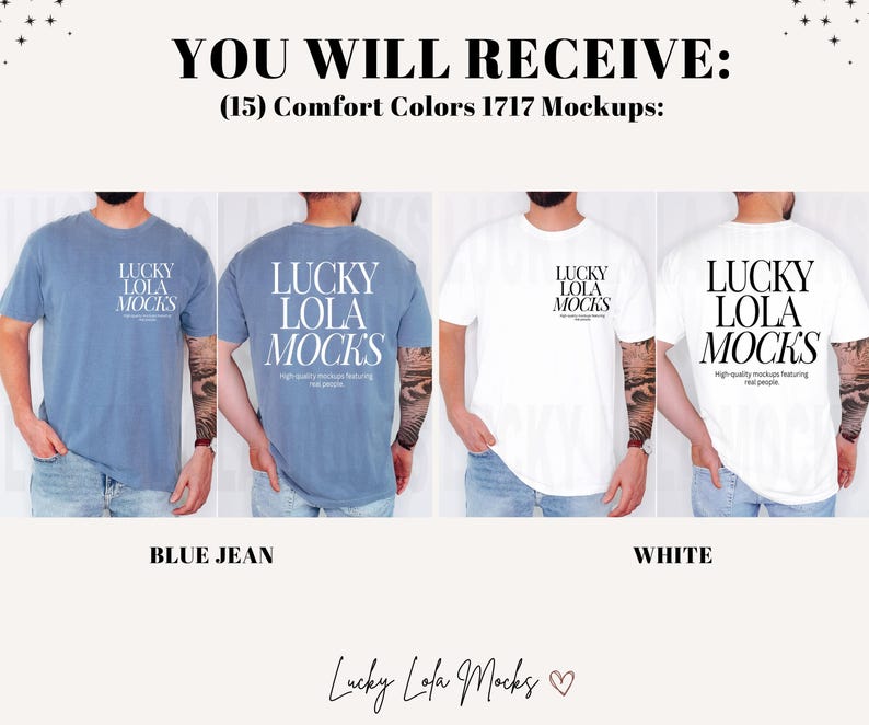 May include: Four t-shirts in different colors, blue jean, white, and two more colors, with the text "Lucky Lola Mocks" printed on the front. The text is in black and the shirts are all short-sleeved.