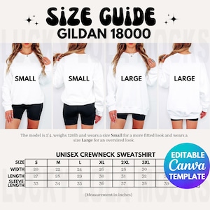 Bearbeitbare Gildan 18000 Größentabelle, Übergroße Größentabelle, Gildan Sweatshirt Größentabelle, Größentabelle Gildan 18000, Gildan G180 Größentabelle