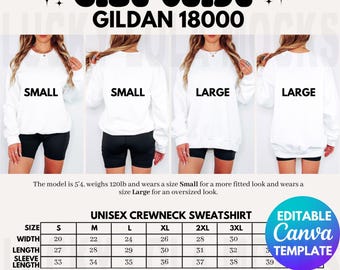 Tableau des tailles modifiable Gildan 18000, tableau des tailles surdimensionné, tableau des tailles sweat-shirt Gildan, tableau des tailles Gildan 18000, tableau des tailles Gildan G180