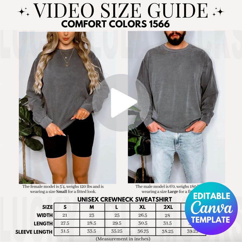 May include: Size chart for a unisex crewneck sweatshirt in various sizes, including small, medium, large, extra large, and extra extra large. The chart shows the width, length, and sleeve length in inches.