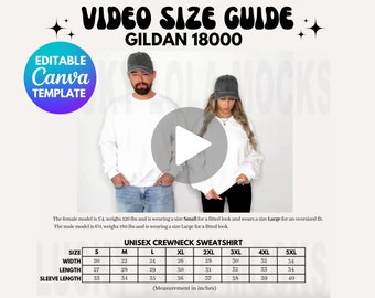 May include: White unisex crewneck sweatshirt with a size guide. The image includes the text "VIDEO SIZE GUIDE" and "GILDAN 18000". The size chart shows measurements in inches for sizes S to 5XL. The models are wearing the sweatshirt.