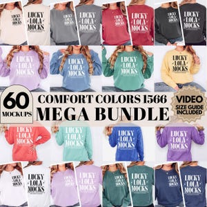 May include: A collection of sixty long-sleeve crewneck sweatshirts in various solid colors, each featuring the white text LUCKY LOLA MOCKS with small star accents. The garments are displayed in a grid layout, showcasing different fabric shades.