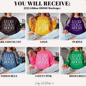 Op de afbeelding: Mockups van Gildan 18000 sweatshirts in verschillende kleuren, waaronder donker chocolade, goud, paars, indigo blauw, veiligheidsroze en Iers groen. Elk sweatshirt heeft de tekst "Lucky Lola Mocks" in wit gedrukt.
