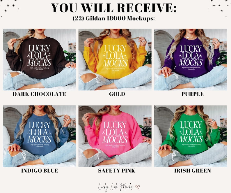 Op de afbeelding: Mockups van Gildan 18000 sweatshirts in verschillende kleuren, waaronder donker chocolade, goud, paars, indigo blauw, veiligheidsroze en Iers groen. Elk sweatshirt heeft de tekst "Lucky Lola Mocks" in wit gedrukt.