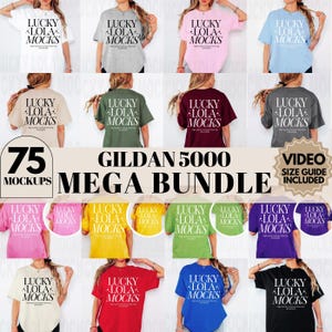 Puede incluir: Una colección de 75 maquetas de camisetas Gildan 5000 en varios colores, incluyendo blanco, gris, rosa, azul claro, verde, granate, negro, amarillo, rojo y azul. Las maquetas presentan una variedad de modelos que llevan las camisetas en diferentes poses. El texto "LUCKY LOLA MOCKS" está impreso en las camisetas.