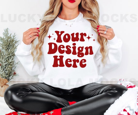 Gildan 18000 Mockup, Christmas Mockup, 18000 White Mockup, Gildan White Sweatshirt Mockup, Sweatshirt Model Mockup White Gildan 18000 Mockup