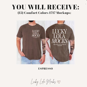 May include: A brown t-shirt mockup with the text "LUCKY LOLA MOCKS" printed on the front and back. The text is in white and the shirt is a comfort color.