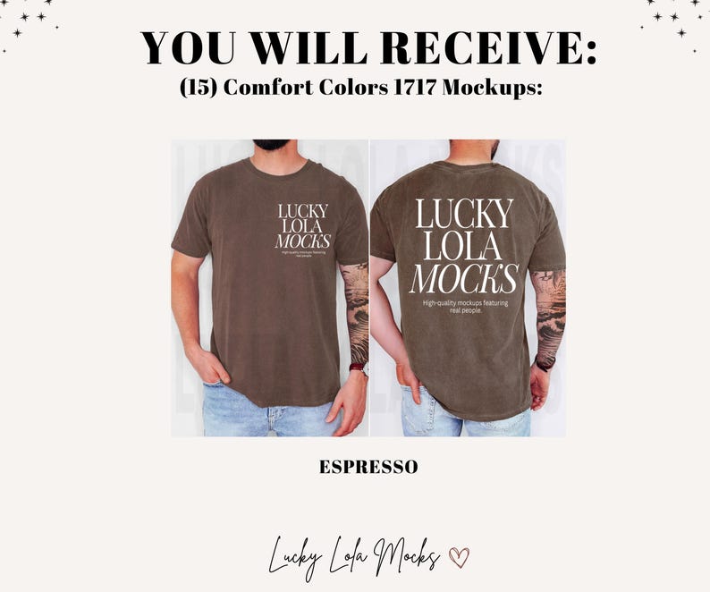 May include: A brown t-shirt mockup with the text "LUCKY LOLA MOCKS" printed on the front and back. The text is in white and the shirt is a comfort color.