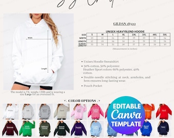 Editable Gildan 18500 Size and Color Chart, Gildan 18500 Color Chart Editable, Gildan Sweatshirt Color Chart, Size and Color Charts Mockup