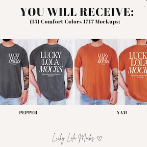 May include: Mockup of a t-shirt in three colors: pepper, yam, and a dark grey. The t-shirt has the text "Lucky Lola Mocks" printed on the front in white.