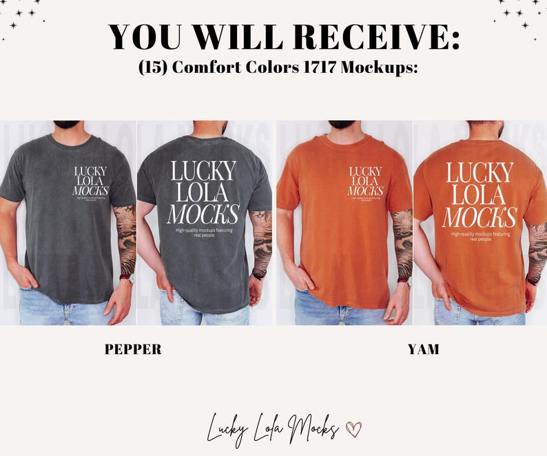 May include: Mockup of a t-shirt in three colors: pepper, yam, and a dark grey. The t-shirt has the text "Lucky Lola Mocks" printed on the front in white.