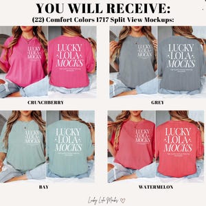 May include: Four split view mockups of a t-shirt in different colors. The t-shirt is a light pink, gray, light blue, and red. The t-shirt has the text "LUCKY LOLA+ MOCKS" printed on it.
