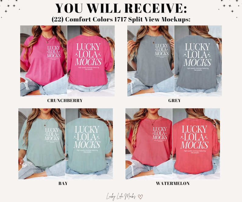 May include: Four split view mockups of a t-shirt in different colors. The t-shirt is a light pink, gray, light blue, and red. The t-shirt has the text "LUCKY LOLA+ MOCKS" printed on it.