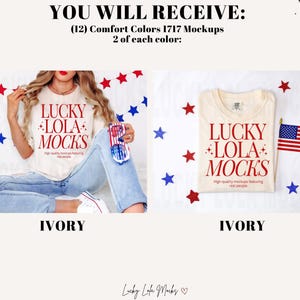 May include: Two mockups of a white t-shirt with the text "LUCKY LOLA MOCKS" in red. The t-shirt is on a white surface with red, white, and blue stars. The text "High-quality mockups featuring real people" is below the main text. The text "IVORY" is below the mockup.