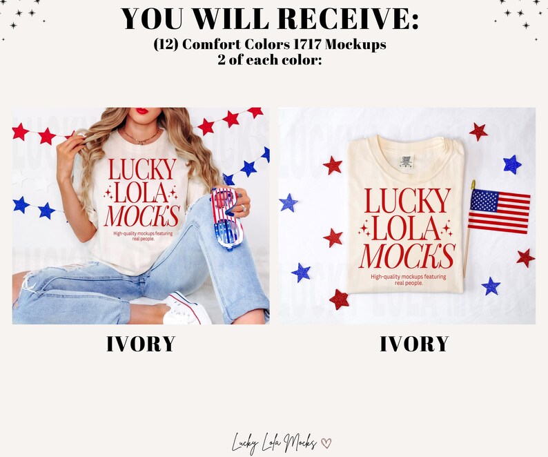May include: Two mockups of a white t-shirt with the text "LUCKY LOLA MOCKS" in red. The t-shirt is on a white surface with red, white, and blue stars. The text "High-quality mockups featuring real people" is below the main text. The text "IVORY" is below the mockup.