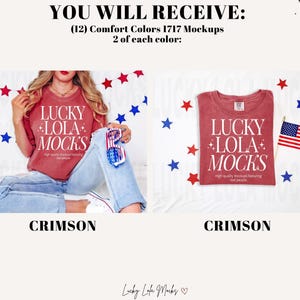 May include: Two mockups of a red t-shirt with the text "Lucky Lola Mocks" in white. The t-shirt is on a white background with red, white, and blue stars.