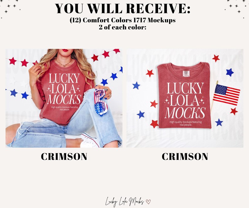 May include: Two mockups of a red t-shirt with the text "Lucky Lola Mocks" in white. The t-shirt is on a white background with red, white, and blue stars.