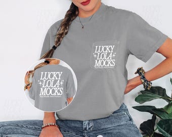 Comfort Colors 6030 Grey Pocket Tee Mockup, Front and Back T-Shirt Mockup on Real Model, 6030 Pocket Shirt Mockups