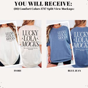 May include: Ivory and blue jean t-shirt mockups. The shirts have the text "LUCKY LOLA MOCKS" printed on the front and back. The text "High-quality mockups featuring real people" is also printed on the shirts. The image shows the front and back of the shirts.