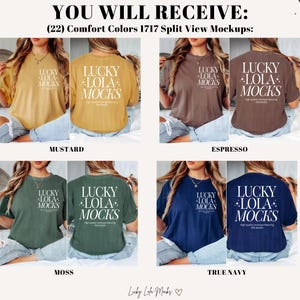 May include: Four different color t-shirts with the text "LUCKY LOLA MOCKS" printed on them. The t-shirts are mustard, espresso, moss, and true navy.